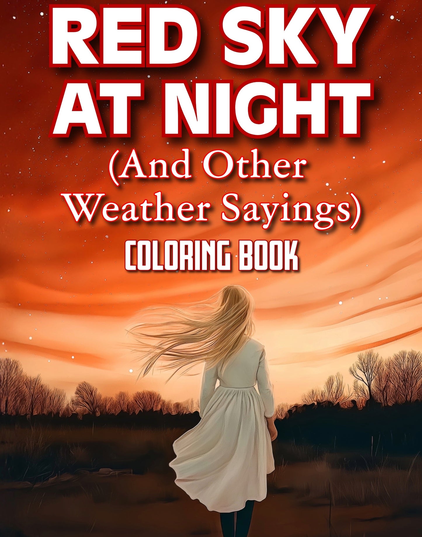 Coloring book cover with a woman standing in a field under a red sky at night.
