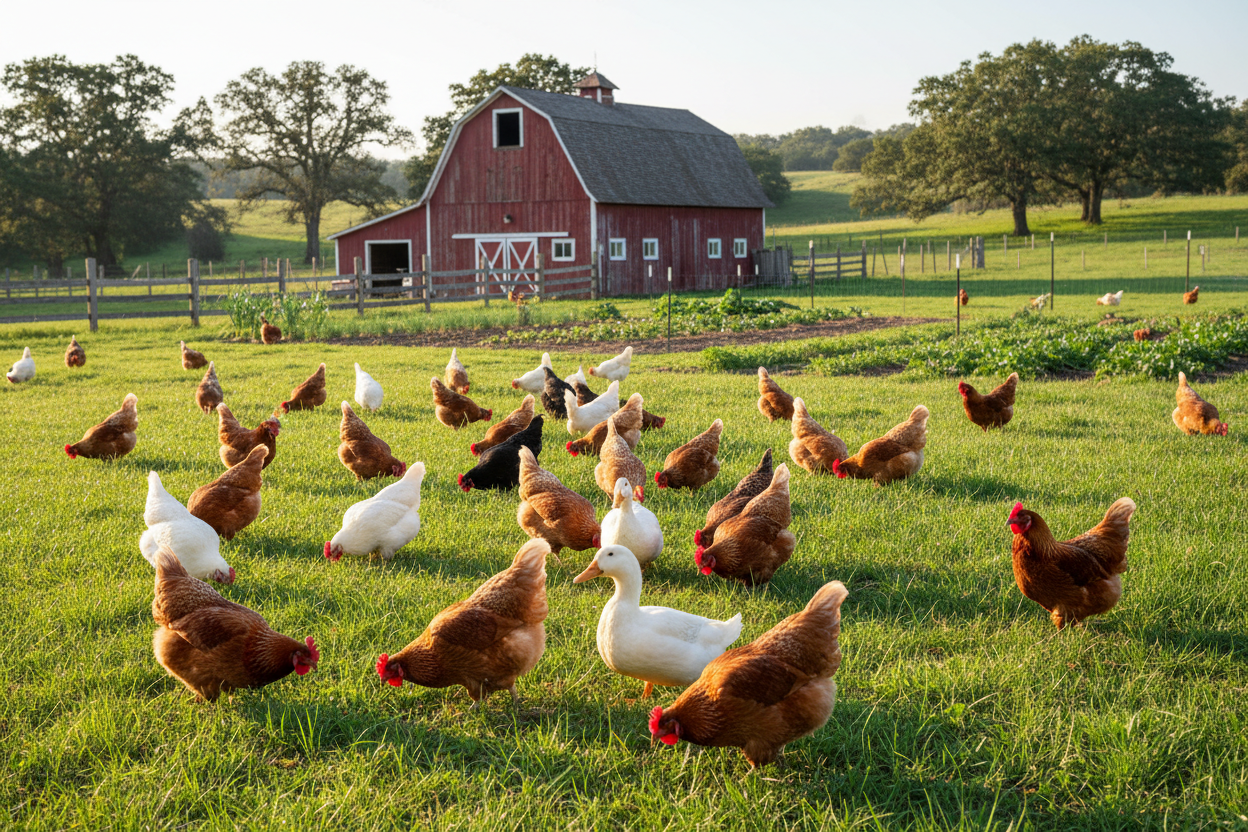 Happy chickens and ducks on farm